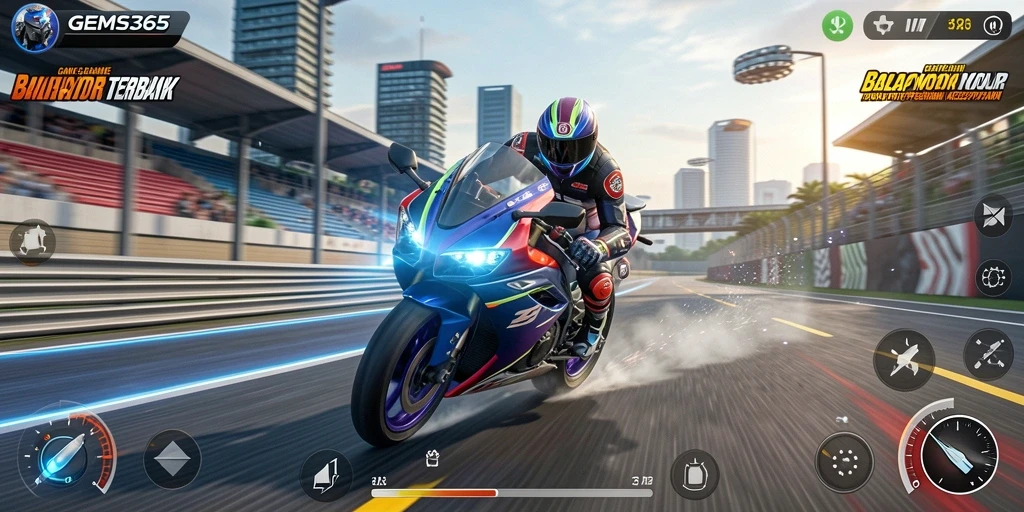 Gameplay seru dengan balapan motor yang mendebarkan.