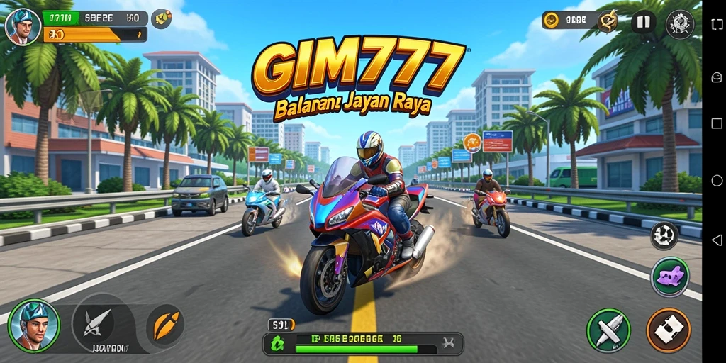 Tangkapan layar gameplay GIM777 menampilkan balapan seru dengan mobil kencang.