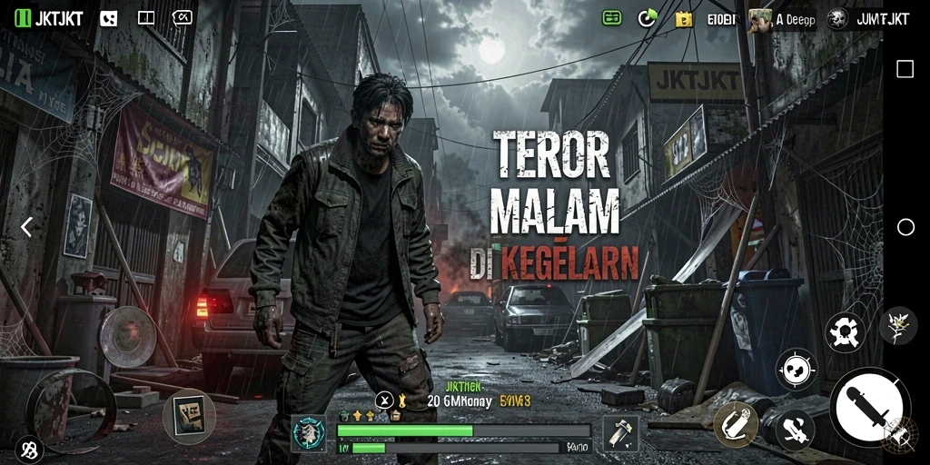 Screenshot gameplay JKTJKT menampilkan suasana mencekam dan seram.