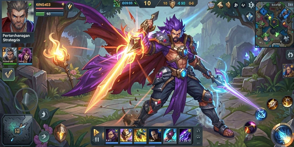 Tampilan epik dari gameplay KING403 dalam pertempuran MOBA.