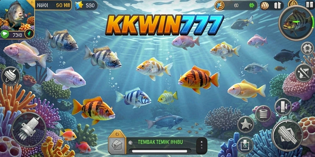Tampilan gameplay KKWIN777 yang menampilkan aksi tembak-menembak ikan.