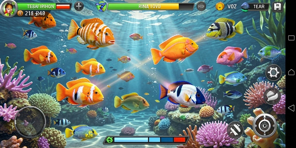 Tangkapan layar gameplay V07 yang menampilkan aksi menembak ikan.